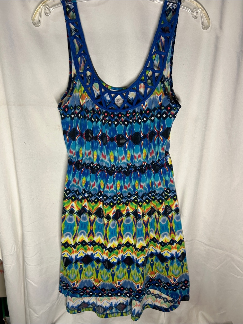 Belle Du Jour Blue Multicolor Crochet Detail Scoop Neck High/Low Dress, Size M